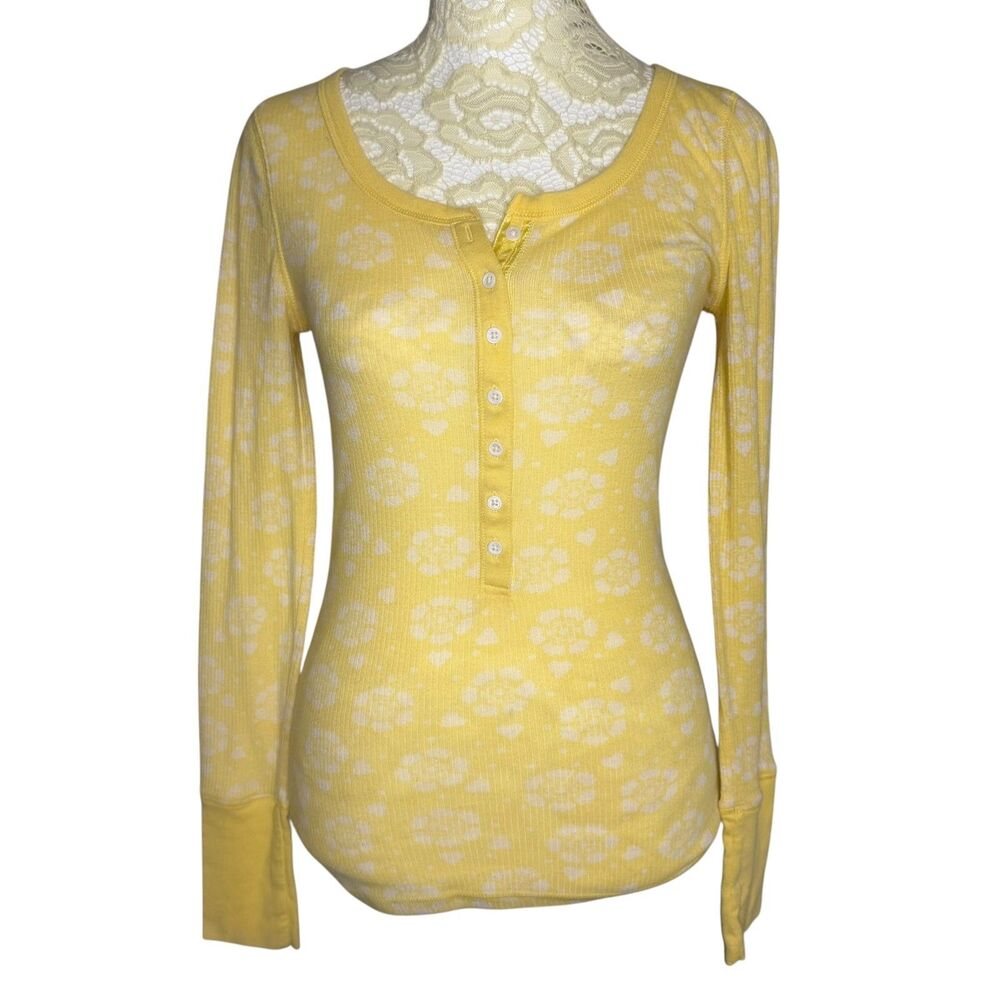 Old Navy Henley Top Blouse Shirt Rib Knit Floral Long Sleeve Yellow White S